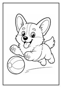 Kleurplaat van een vrolijke corgi hond die speelt in een stapel bladeren