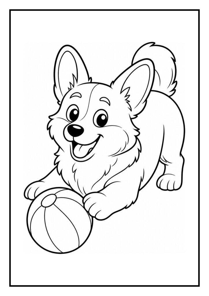 Kleurplaat van een vrolijke corgi hond die wacht op een gegooid stokje tijdens het spelen