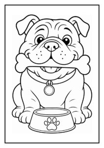 Kleurplaat van een bulldog die zijn neus in een bloemenveld steekt, vrolijk en eenvoudig om in te kleuren.