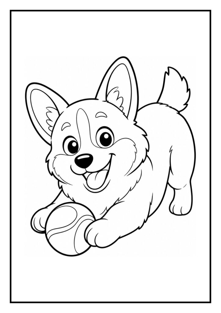 Kleurplaat van een vrolijke corgi die door een grote hondentunnel duikt met een bal in zijn bek.