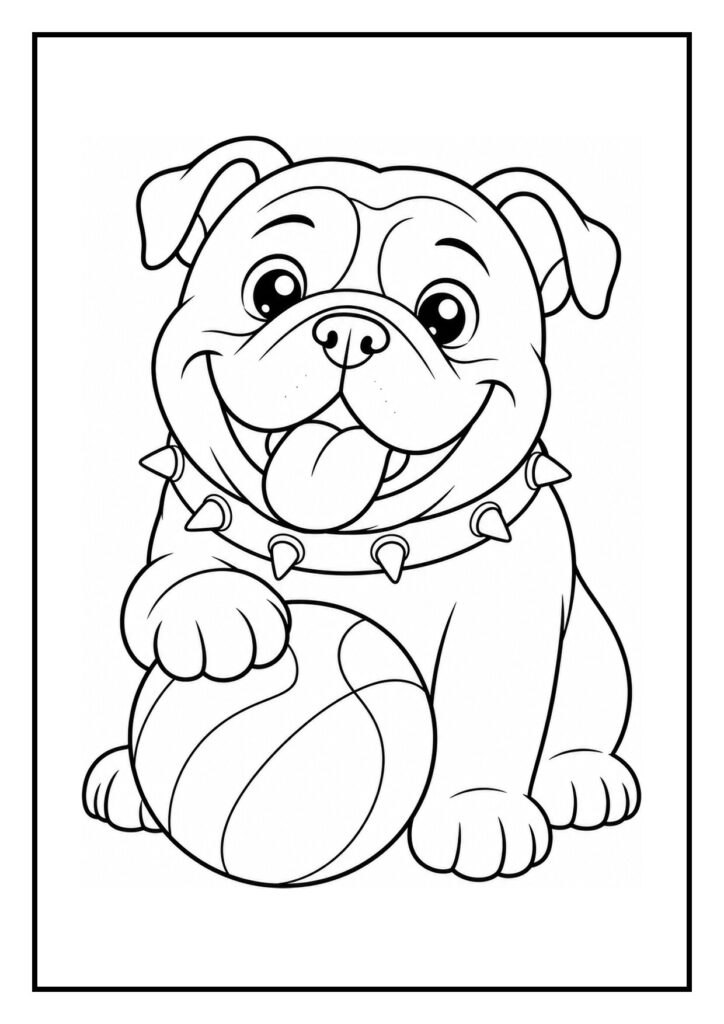 Kleurplaat van een vrolijke bulldog die een sok uit de wasmand haalt