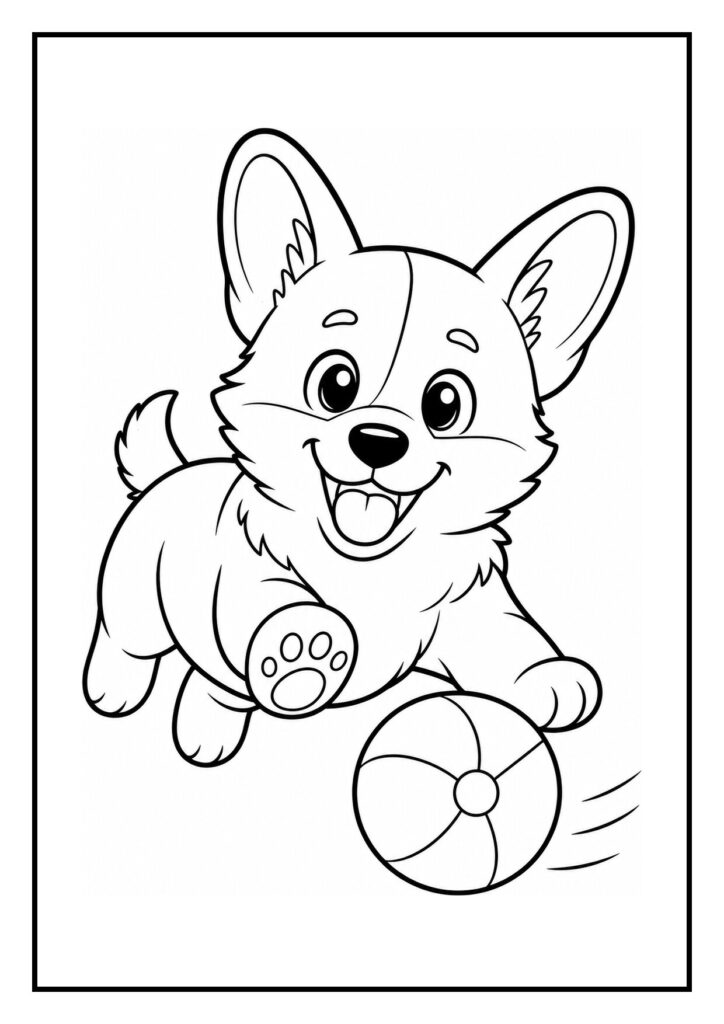 Kleurplaat van een vrolijke corgi die met zijn poot naar een hoed reikt