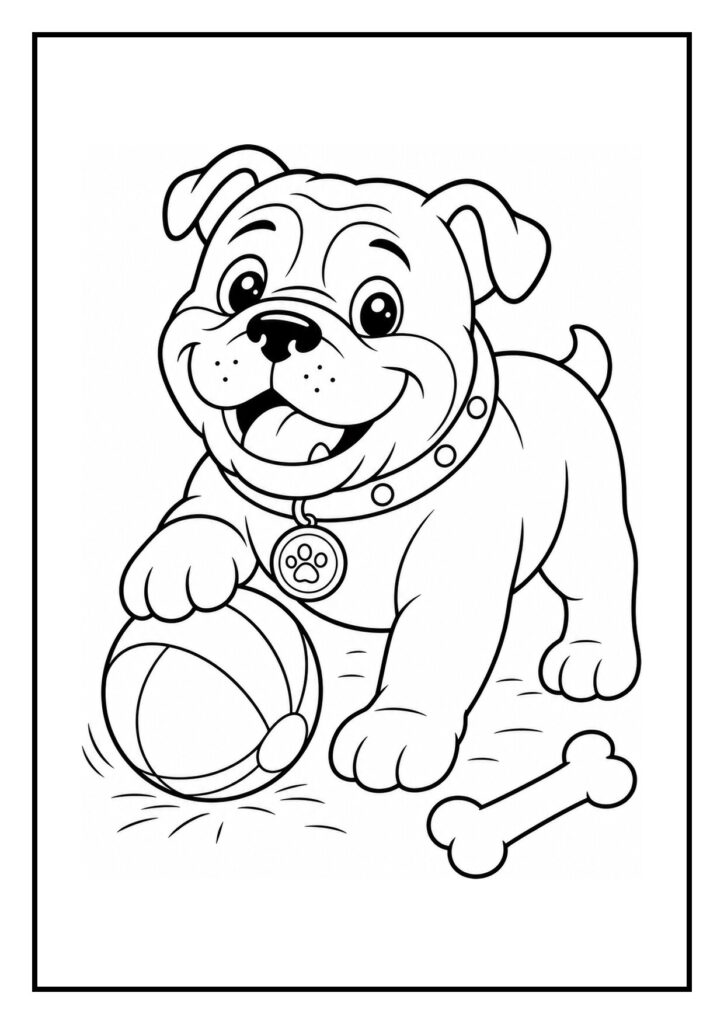 Kleurplaat van bulldog die een grote appelkar duwt met appels erop