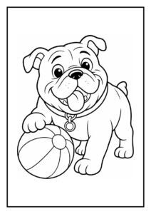 Kleurplaat van een bulldog die nieuwsgierig uit een houten hondenhuisje kijkt