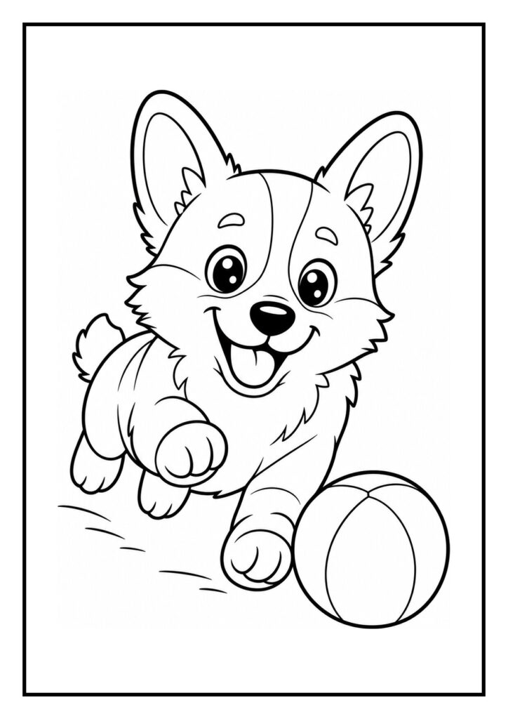 Kleurplaat van een schattige corgi hond die vrolijk over een mini-hekje springt.