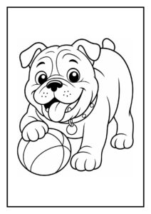 Kleurplaat van een bulldog die speels een sneeuwbal rolt, geschikt voor kinderen.