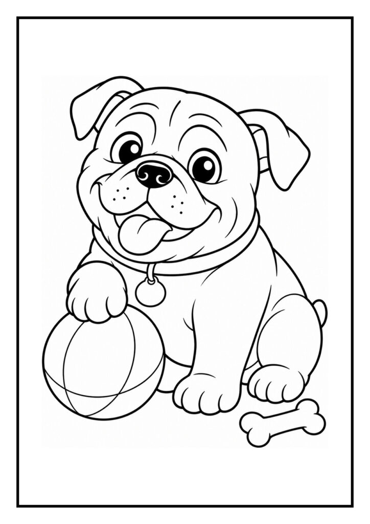 Kleurplaat van een bulldog die een cadeautje in de bek houdt, vrolijk en geschikt voor kinderen.