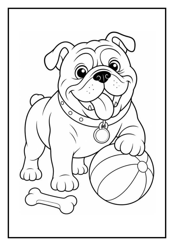 Kleurplaat van een vrolijke bulldog die bellen blaast en met zijn poot een bal vasthoudt, met een botje naast zich.