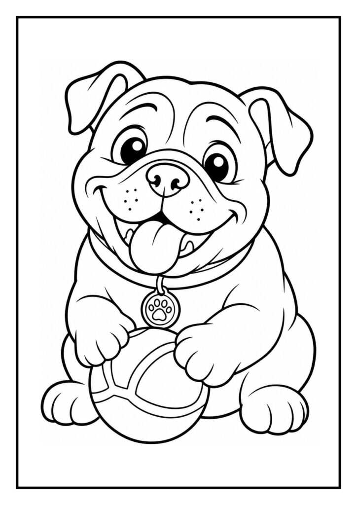 Kleurplaat van een bulldog die aandachtig naar een vlinder op zijn neus kijkt.