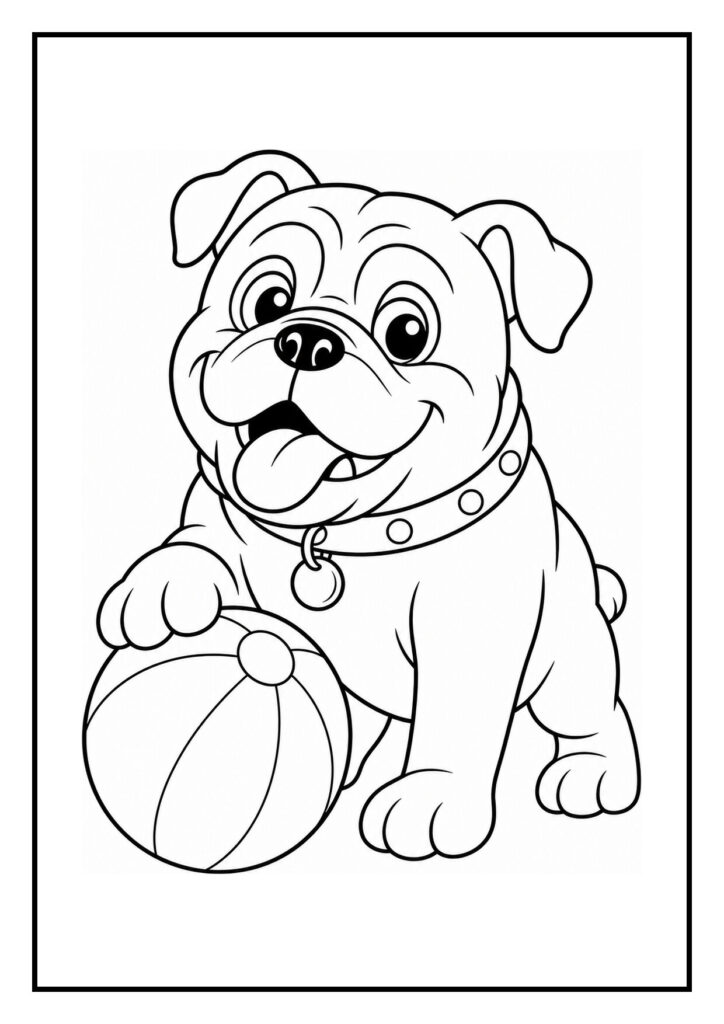 Leuke kleurplaat van een vrolijke bulldog die speelt met een grote tennisbal