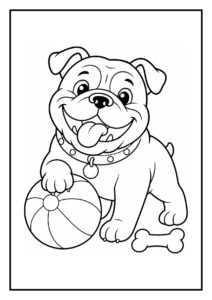 Kleurplaat van een vrolijke bulldog liggend in een wasmand vol handdoeken