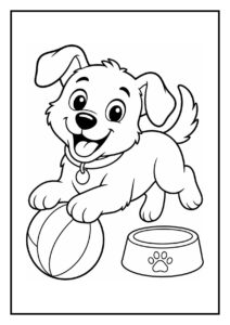 Kleurplaat van een vrolijke puppy die met een bal speelt en naast een voerbak staat.