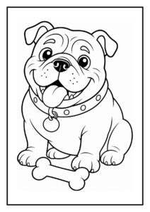 Leuke kleurplaat van een vrolijke bulldog die een grote hoepel rolt met een bot naast zich