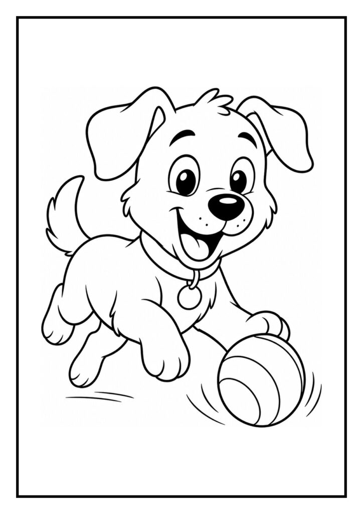Vrolijke hond die een frisbee vangt tijdens het spelen op een kleurplaat