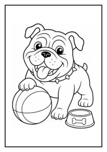 Vrolijke bulldog pup die met een zachte deken in een mand duwt