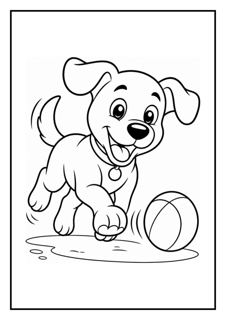 Kleurplaat van een speelse, vrolijke hond die over een lage hindernis springt met een bal in de buurt