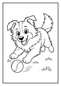 Kleurplaat van een vrolijke border collie die speels een bal achterna rent over het gras