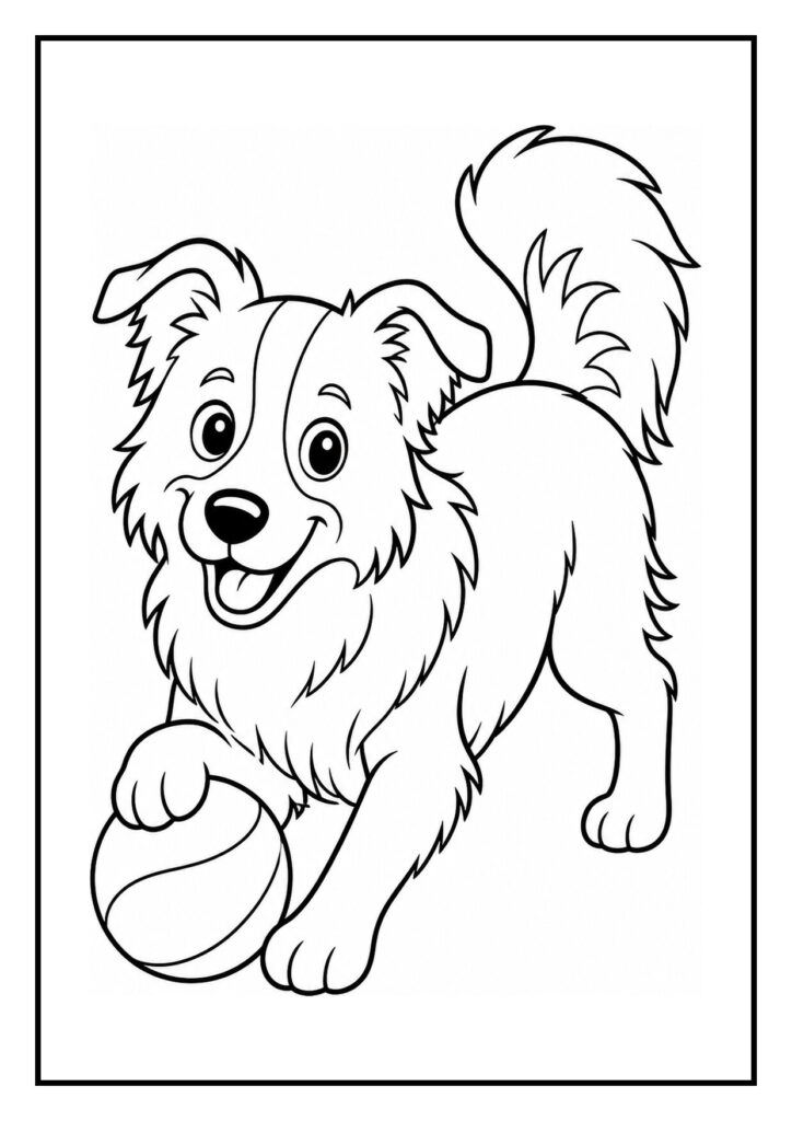 Kleurplaat van een Border Collie die blaadjes vangt in de wind
