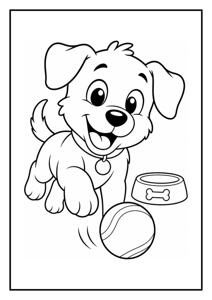 Kleurplaat van een vrolijke, schattige hond die blaft terwijl hij met een bal speelt naast een voerbak en een ballon omhoog kijkt.