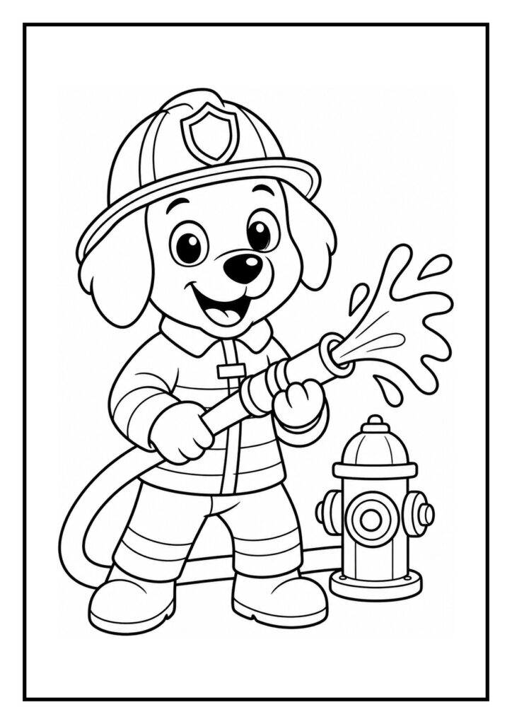 Kleurplaat van een vrolijk hondje verkleed als brandweerman met brandweerslang en brandkraan
