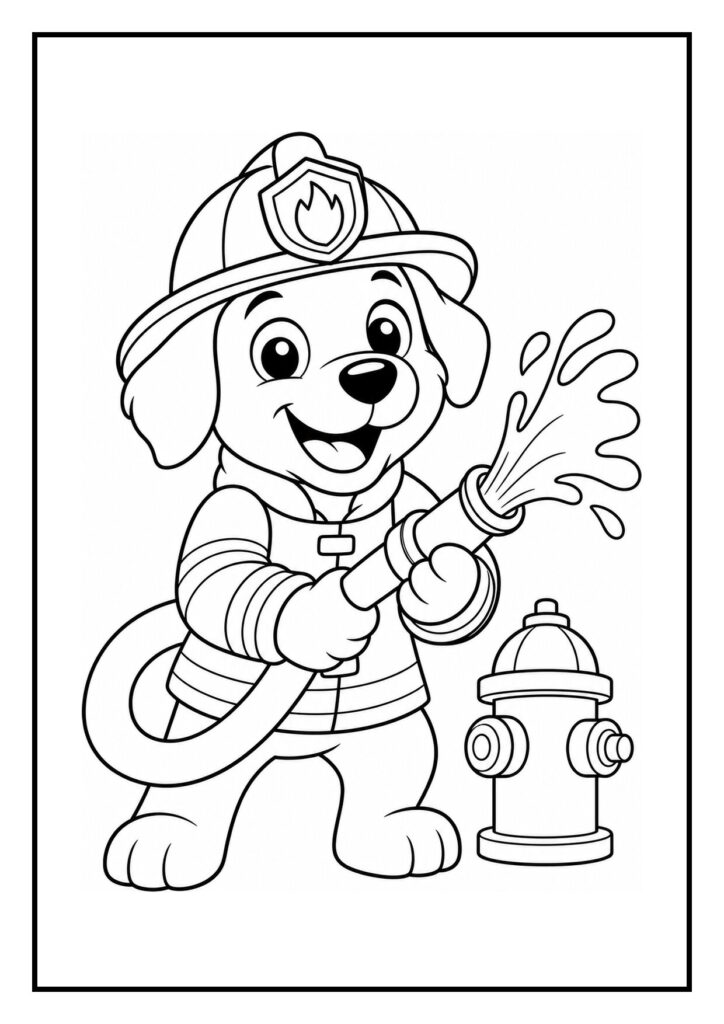 Kleurplaat van een vrolijke hond verkleed als brandweerman met een brandweerslang naast een brandkraan op een dak