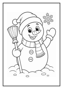Vrolijke sneeuwpop met bezem, muts, sjaal en sneeuwvlok kleurplaat om gratis te printen tijdens de winter en Kerstmis.