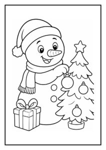 Vrolijke sneeuwpop versiert een kerstboom met kerstballen naast een cadeau