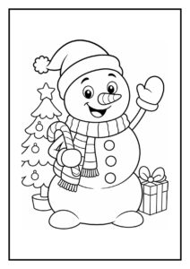 Leuke kleurplaat van een vrolijke sneeuwpop met kerstmuts, sjaal, kerstboom en cadeau.