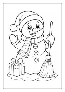 Vrolijke sneeuwpop met een kerstmuts, sjaal en een bezem naast een cadeau in de sneeuw.