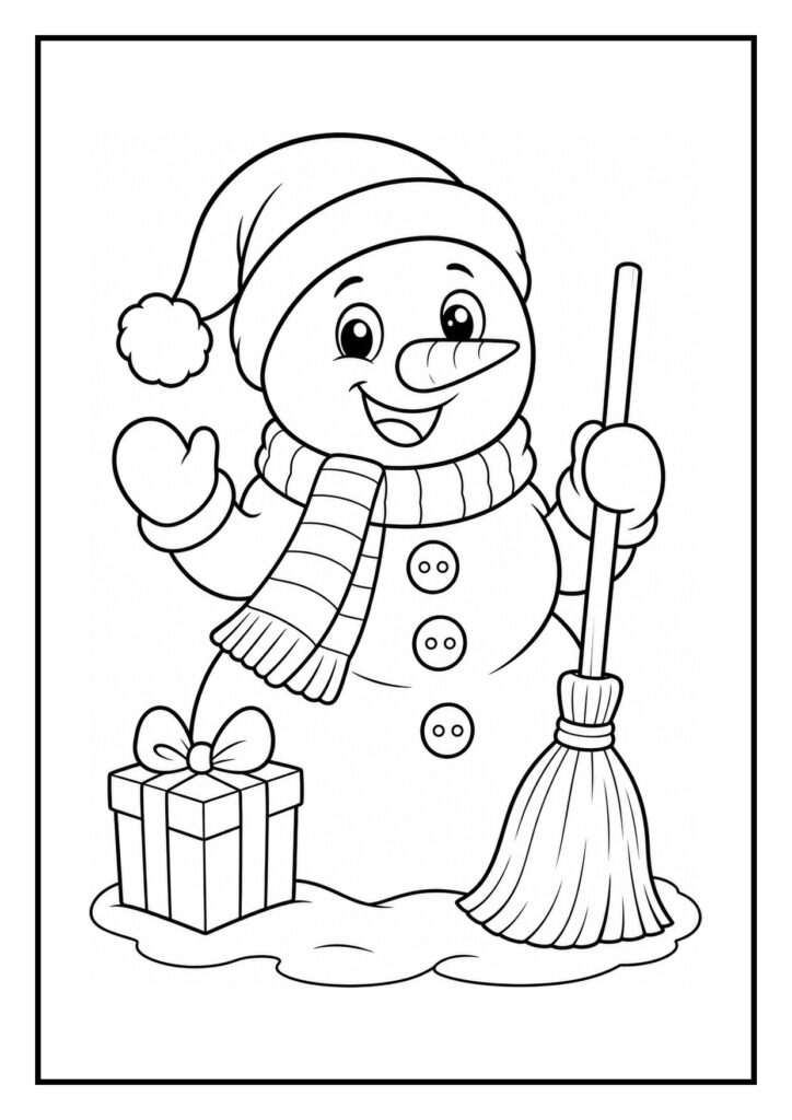 Vrolijke sneeuwpop met een kerstmuts, sjaal en een bezem naast een cadeau in de sneeuw.
