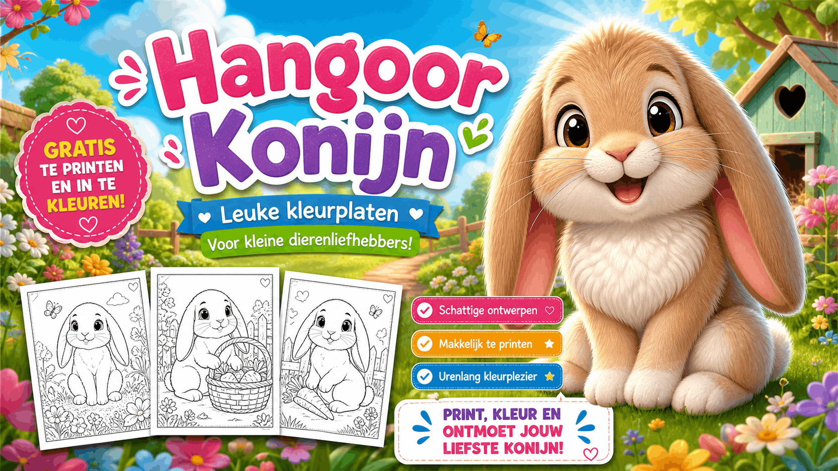 Hangoor Konijn Kleurplaat met konijn om in te kleuren en gratis te printen