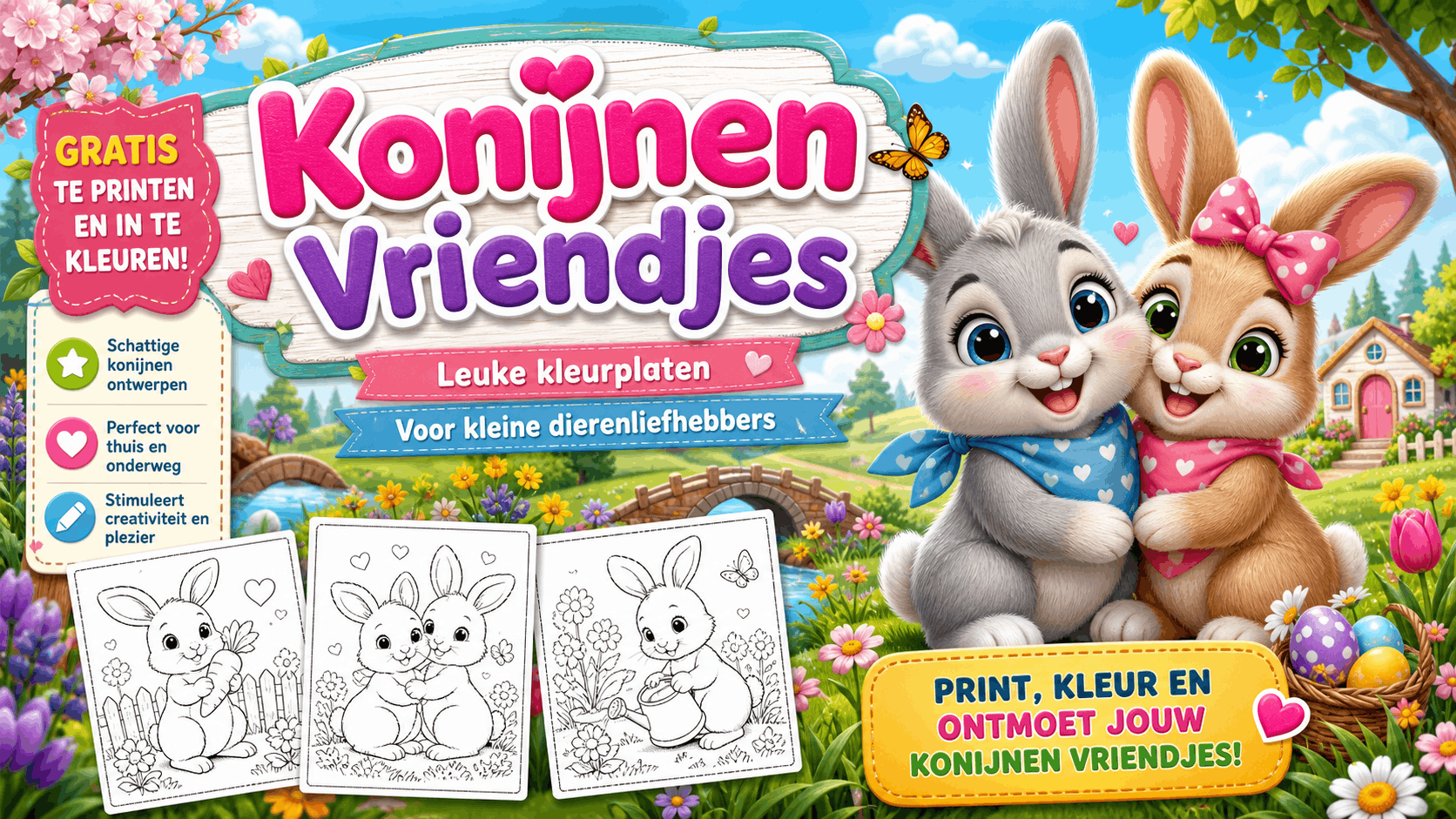 Konijnen Vriendjes Kleurplaat met konijn om in te kleuren en gratis te printen