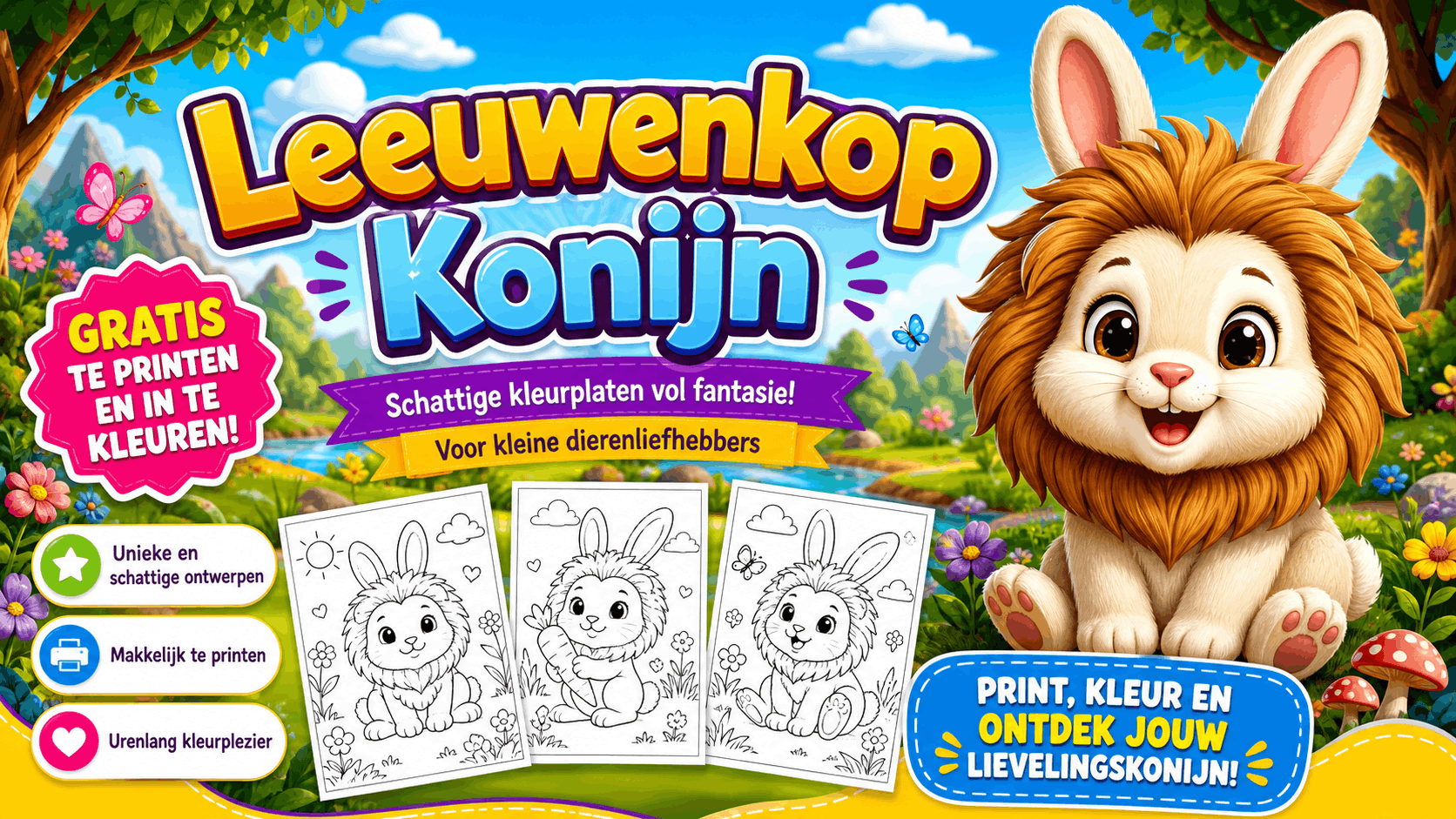 Leeuwenkop Konijn Kleurplaat met konijn om in te kleuren en gratis te printen