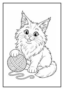 Kleurplaat van een speelse Maine Coon kat die met een bolletje wol speelt