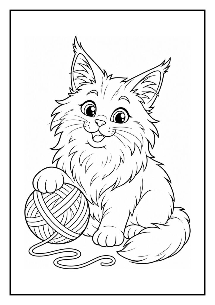Kleurplaat van een speelse Maine Coon kat die met een bolletje wol speelt