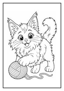 Kleurplaat van een vrolijke Maine Coon kitten die in een mand speelt met een bol wol.