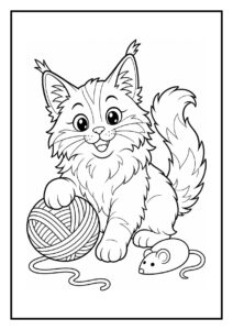 Kleurplaat van een vrolijke Maine Coon kat die speelt met een bolletje wol en een speelgoedmuis