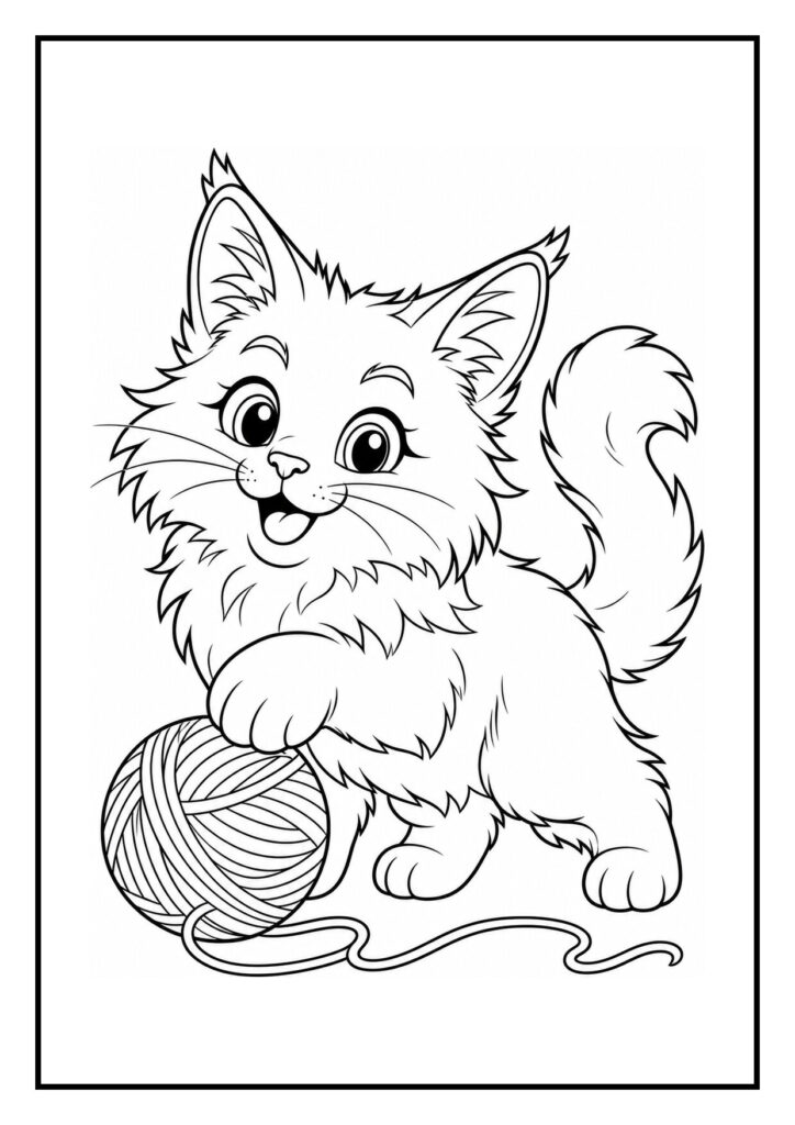kleurplaat van een schattige Maine Coon kat die vrolijk speelt met een papieren vlinder
