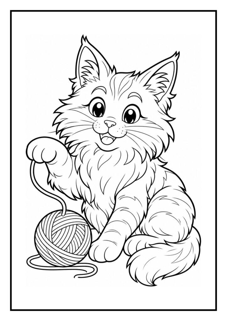Kleurplaat van een vrolijke Maine Coon kat spelend in een speeltunnel met een bol wol