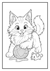 Leuke kleurplaat van een vrolijke Maine Coon kat die speelt met een bol wol en een lamplichtvlek