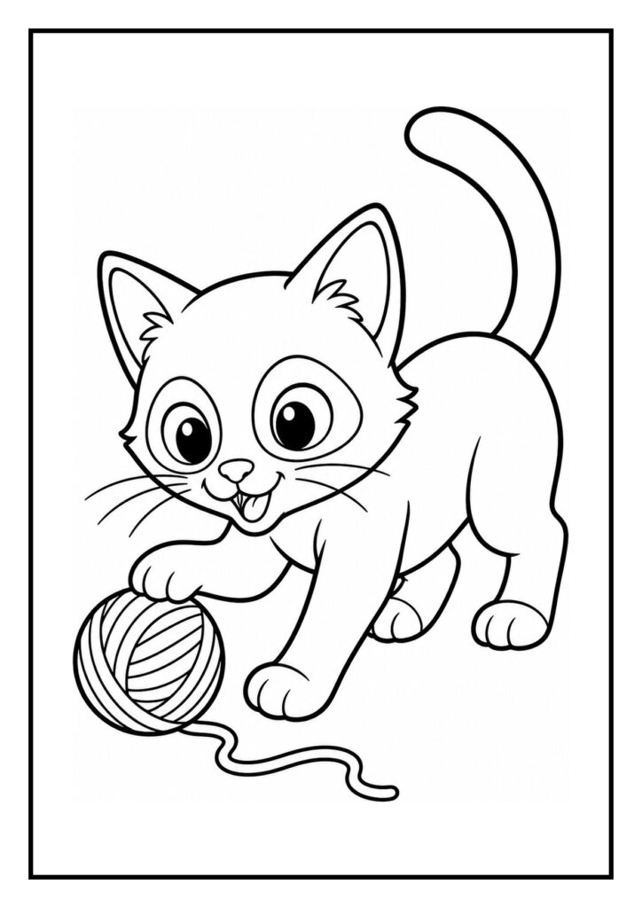 Kleurplaat van een speelse Siamees kat die met een bol wol speelt en naar een vlinder reikt