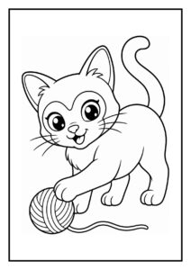 Speelse kleurplaat van een schattig siamees katje dat trekt aan een bol wol