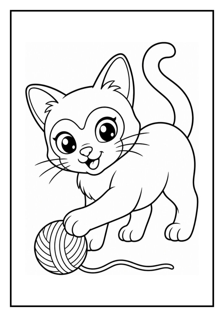 Speelse kleurplaat van een schattig siamees katje dat trekt aan een bol wol
