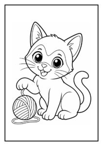 Kleurplaat van een siamees kat die een klein speelgoedmuisje besluipt met een vrolijke uitstraling.