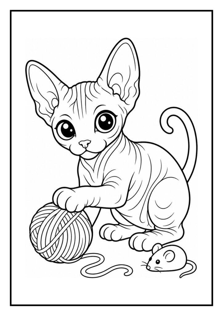 Kleurplaat van een naakte Sphynx kat die speelt met een grote bol wol en een kleine muis erbij