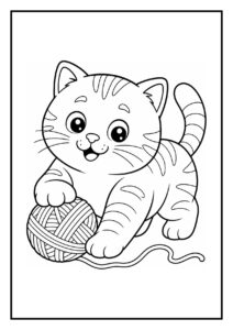 Vrolijke kleurplaat van een Britse Korthaar kat die met een bol wol speelt
