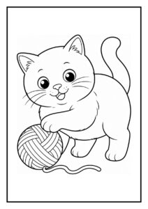 Kleurplaat van een vrolijke Britse korthaar kat die speelt met een bol wol.