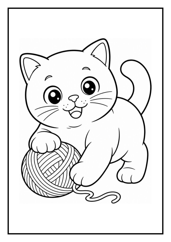 Leuke kleurplaat van een speelse Britse korthaar kat die met een bol wol speelt