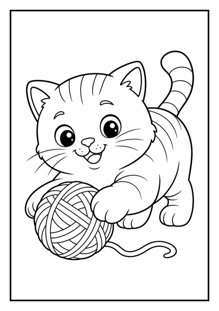 Kleurplaat van een Britse Korthaar kitten dat speels met een bol wol speelt in een mand.