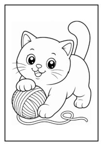 Kleurplaat van een speelse Britse korthaar kitten die speelt met een omgevallen plantenpot en een bol wol.